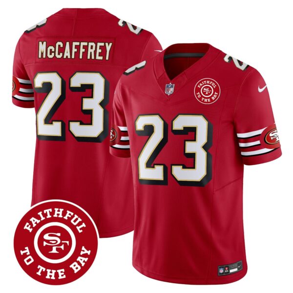 49ers Throwback Faithful To The Bay Patch Vapor Limited Jersey – All Stitched – Red – Christian McCaffrey Jersey