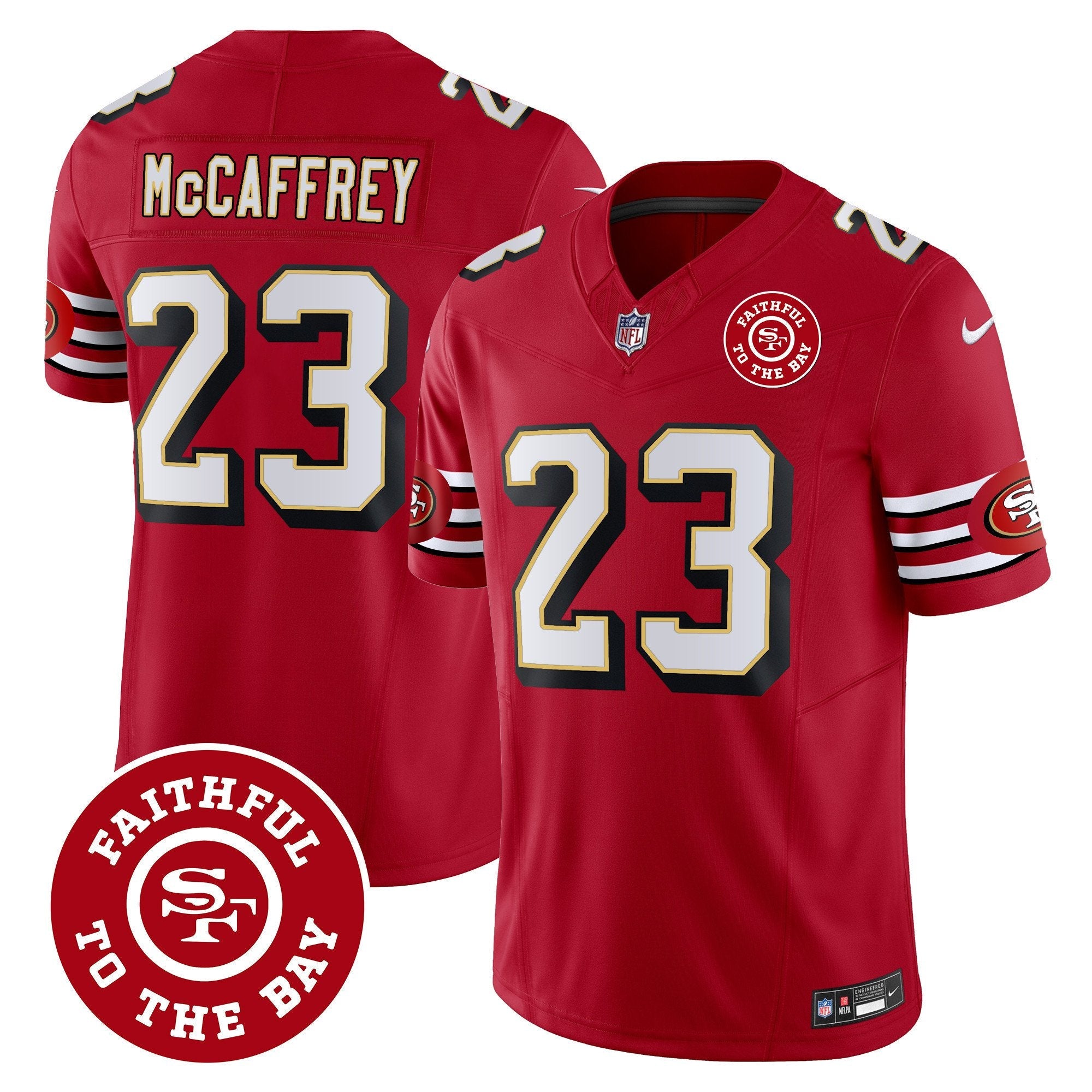 49ers Throwback Faithful To The Bay Patch Vapor Limited Jersey – All Stitched – Red – Christian McCaffrey Jersey