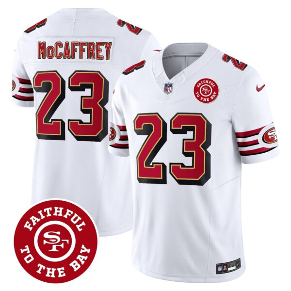 49ers Throwback Faithful To The Bay Patch Vapor Limited Jersey – All Stitched – White – Christian McCaffrey Jersey