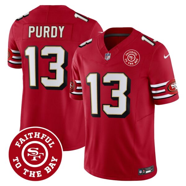 49ers Throwback Faithful To The Bay Patch Vapor Limited Jersey – All Stitched – Red – Brock Purdy Jersey