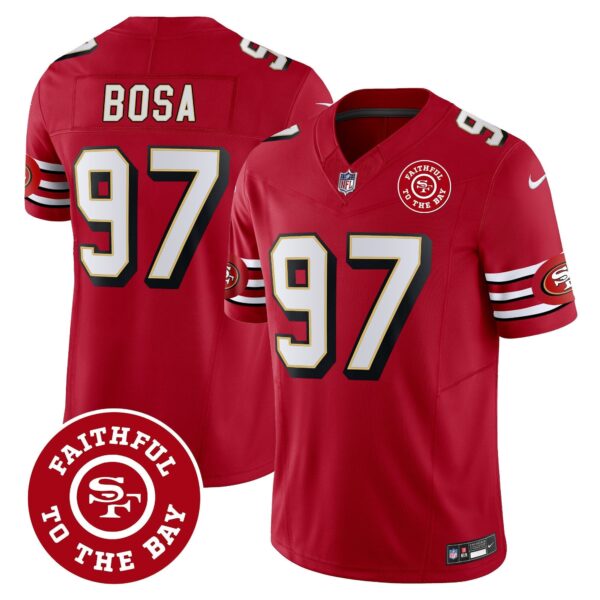 49ers Throwback Faithful To The Bay Patch Vapor Limited Jersey – All Stitched – Red – Nick Bosa Jersey