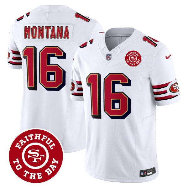 49ers Throwback Faithful To The Bay Patch Vapor Limited Jersey – All Stitched – White – Joe Montana Jersey
