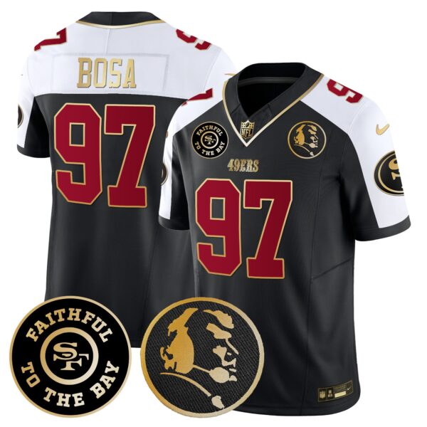 49ers Faithful & John Madden Patch Vapor Jersey – All Stitched – Black Alternate – Nick Bosa Jersey
