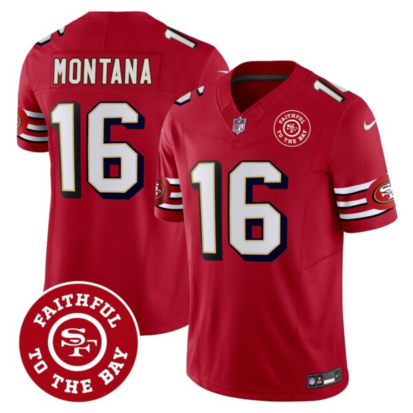 49ers Throwback Faithful To The Bay Patch Vapor Limited Jersey – All Stitched – Red – Joe Montana Jersey