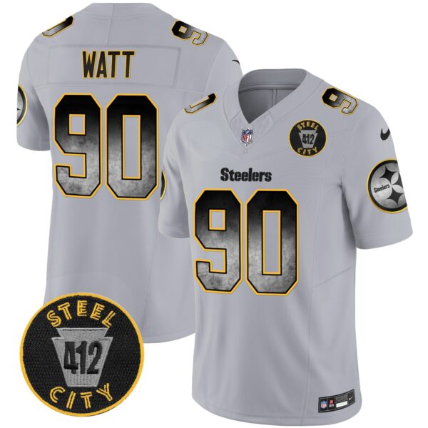 Steelers Arch Smoke 412 Patch Vapor Limited Jersey – All Stitched – Gray – T. J. Watt Jersey