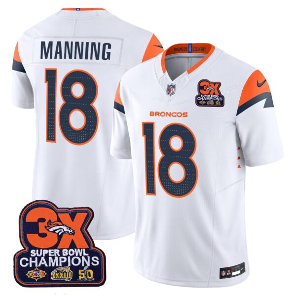 Denver Broncos 3-Time Champions Patch Vapor Limited Jersey – All Stitched – White – Peyton Manning Jersey