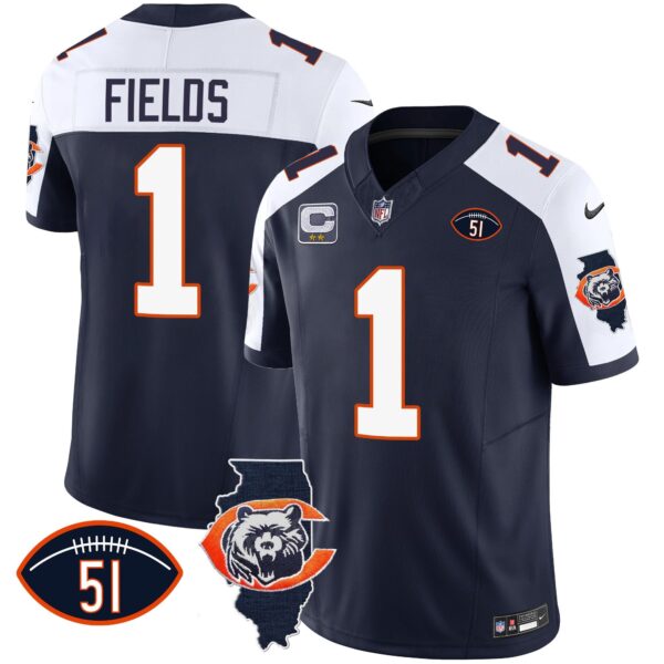 Bears Throwback Illinois Patch Vapor Jersey – All Stitched – Navy Alternate – Justin Fields Jersey