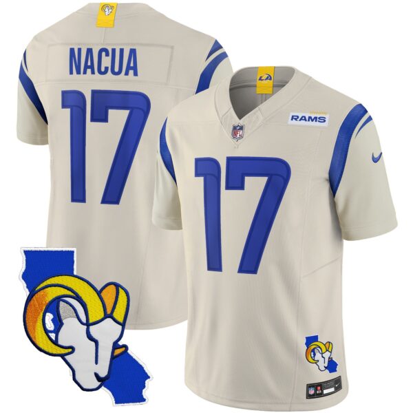 Rams California Patch Vapor Limited Jersey – All Stitched – Bone – Puka Nacua Jersey