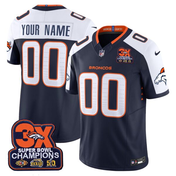 Denver Broncos 3-Time Champions Patch Vapor Limited Custom Jersey – All Stitched – Navy Alternate Jersey