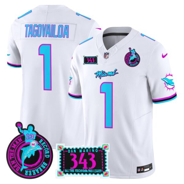 Dolphins Dan the Man Record Breaker Patch Vapor Limited Jersey – All Stitched – White – Tua Tagovailoa Jersey