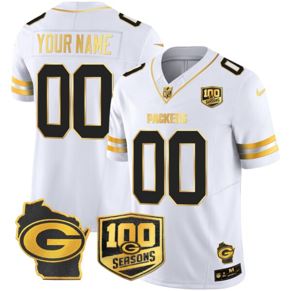 Packers 100th Season & Home Patch Gold Vapor Limited Custom Jersey All Stitched – White Gold Jersey