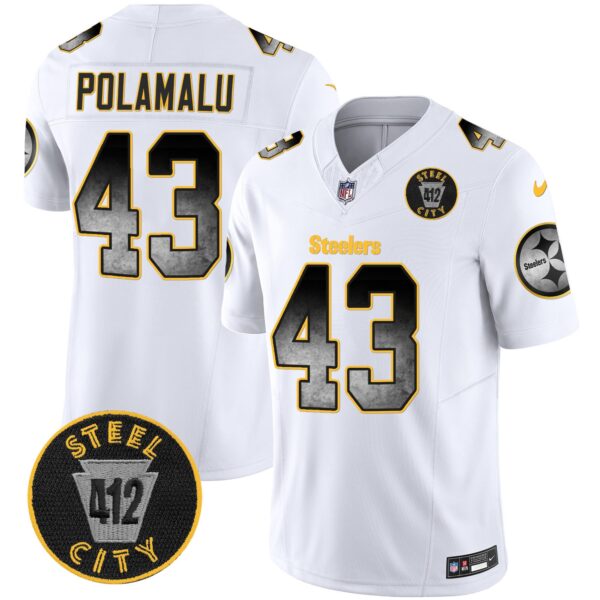 Steelers Arch Smoke 412 Patch Vapor Limited Jersey – All Stitched – White – Troy Polamalu Jersey