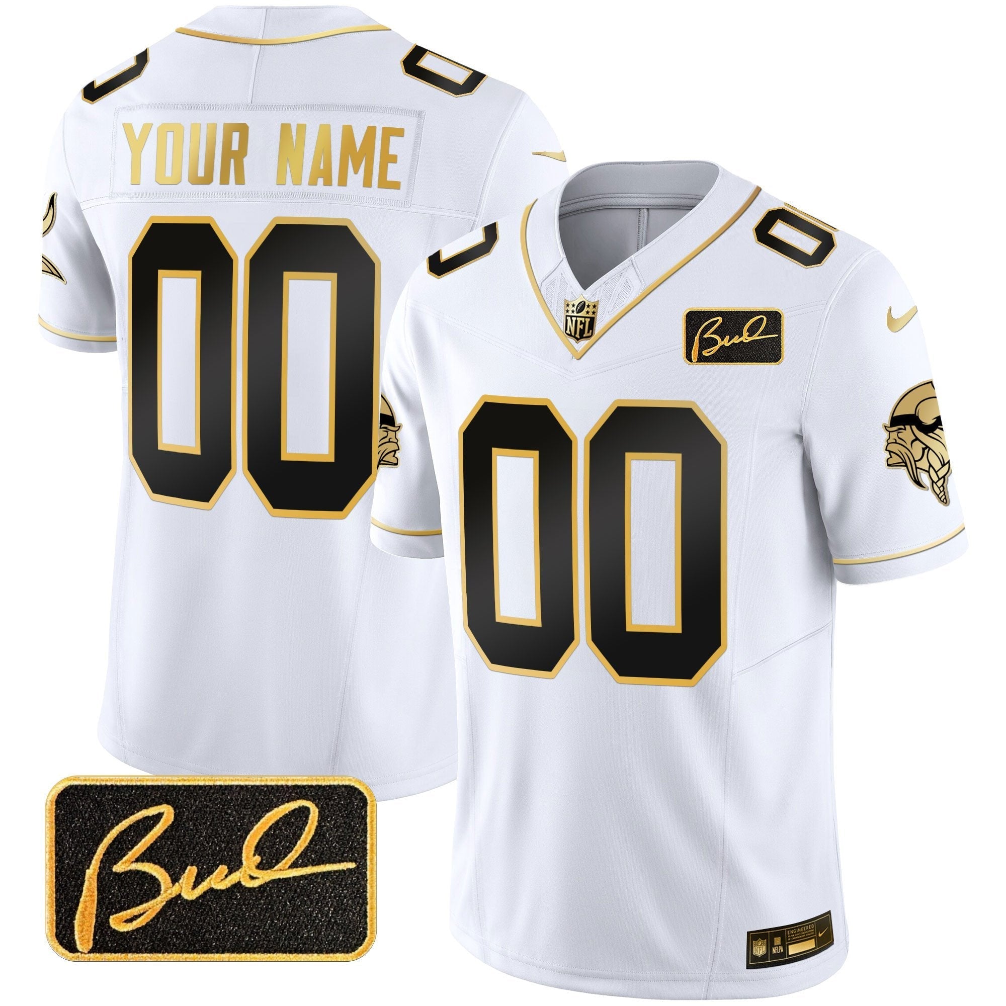 Vikings Bud Grant Patch Gold Limited Custom Jersey V2 – All Stitched – White Gold Jersey