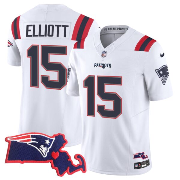 Patriots Massachusetts Patch Vapor Jersey – All Stitched – White – Ezekiel Elliott Jersey
