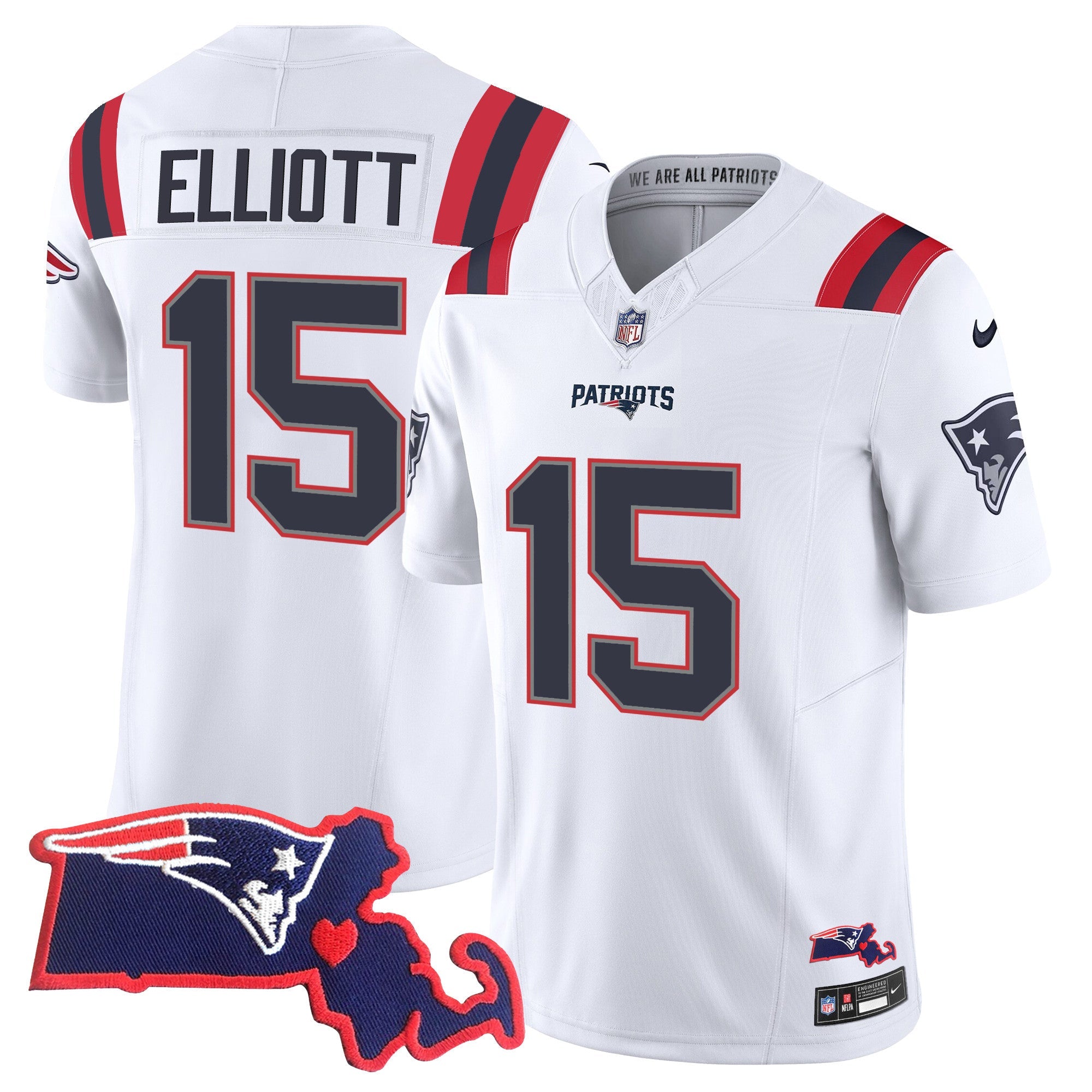 Patriots Massachusetts Patch Vapor Jersey – All Stitched – White – Ezekiel Elliott Jersey