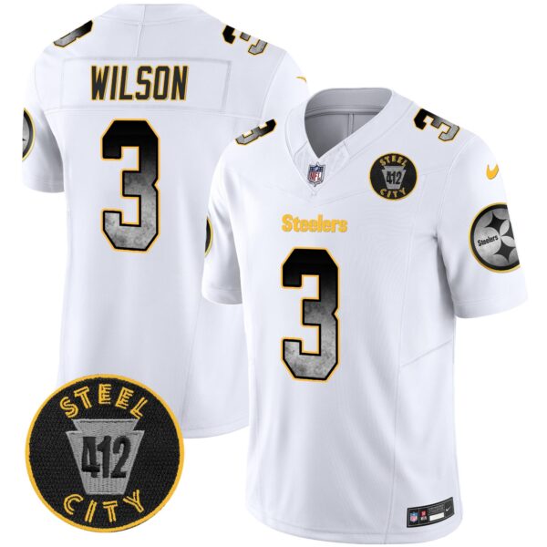 Steelers Arch Smoke 412 Patch Vapor Limited Jersey – All Stitched – White – Russell Wilson Jersey