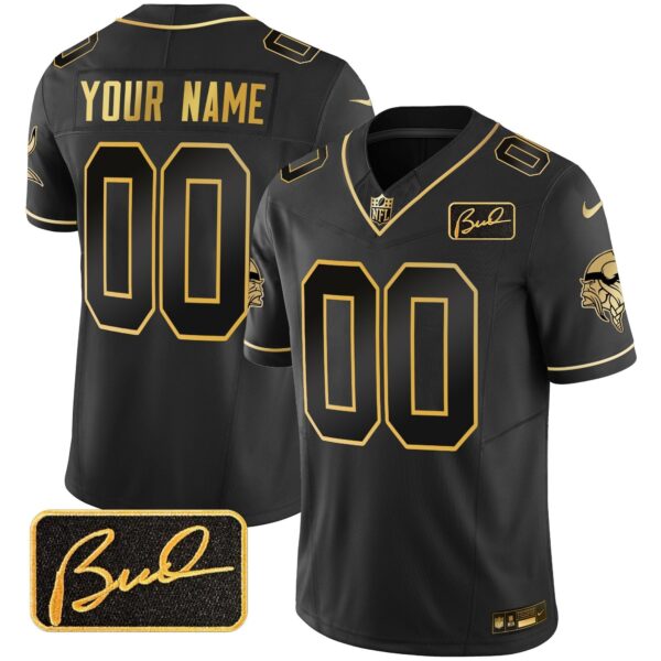 Vikings Bud Grant Patch Gold Limited Custom Jersey V2 – All Stitched – Black Gold Jersey