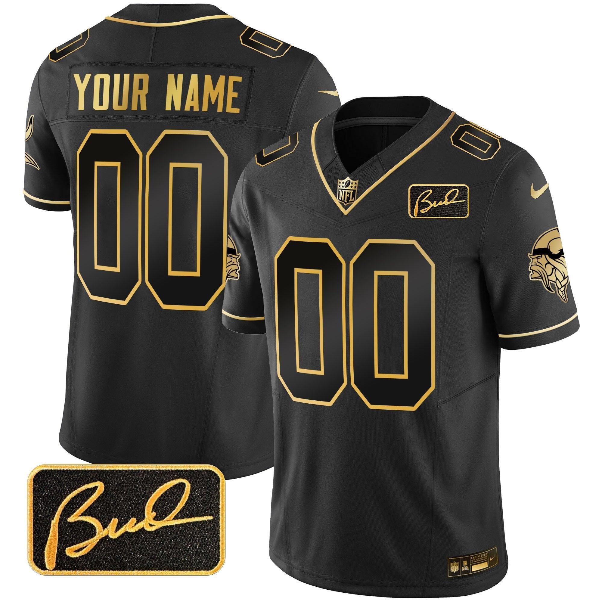 Vikings Bud Grant Patch Gold Limited Custom Jersey V2 – All Stitched – Black Gold Jersey