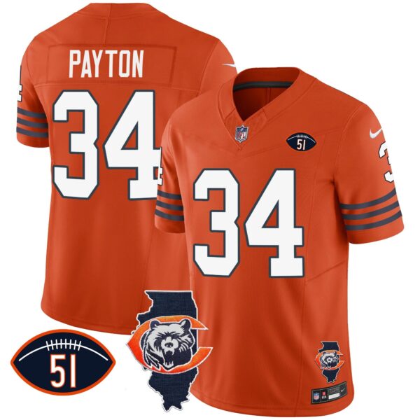 Bears Throwback Illinois Patch Vapor Jersey – All Stitched – Orange – Walter Payton Jersey