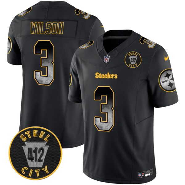 Steelers Arch Smoke 412 Patch Vapor Limited Jersey – All Stitched – Black – Russell Wilson Jersey