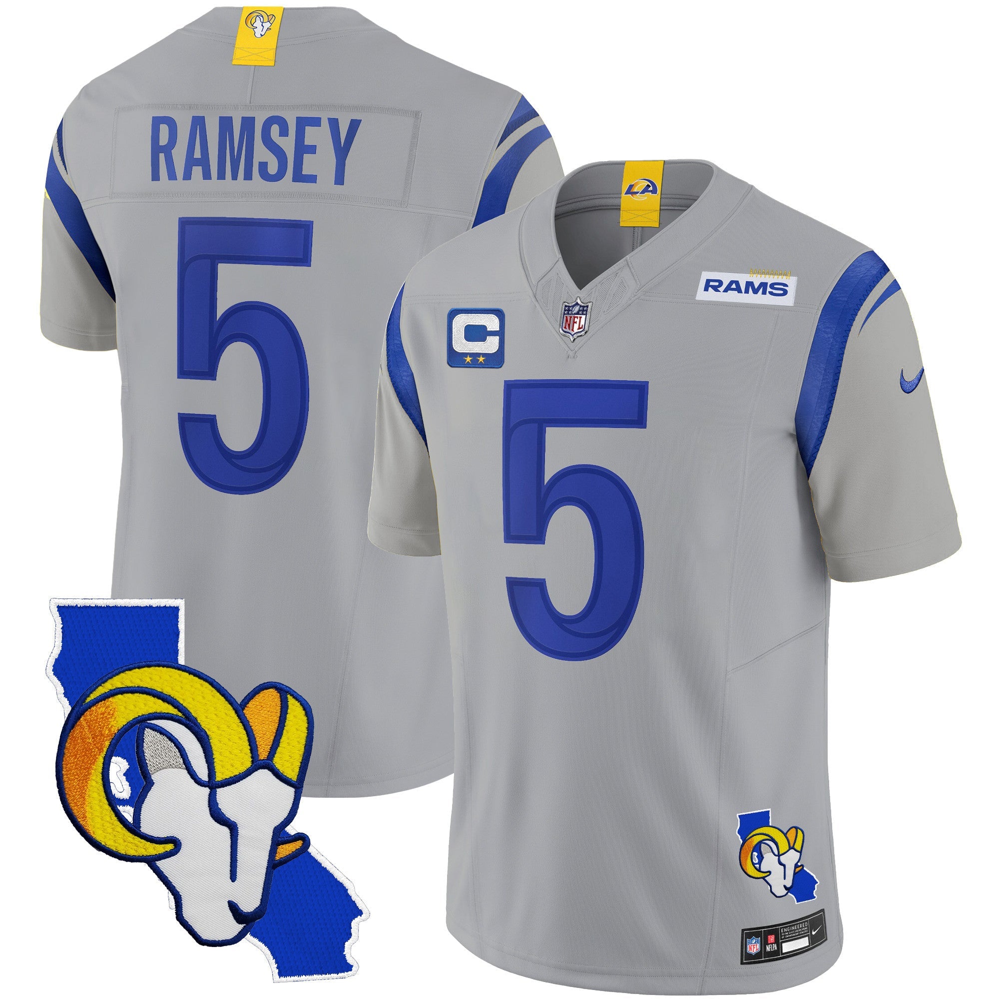 Rams California Patch Vapor Limited Jersey – All Stitched – Gray – Jalen Ramsey Jersey