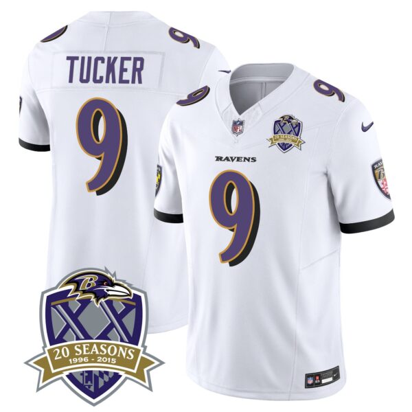 Ravens 20th Season Patch Vapor Limited Jersey – All Stitched – White – Justin Tucker Jersey