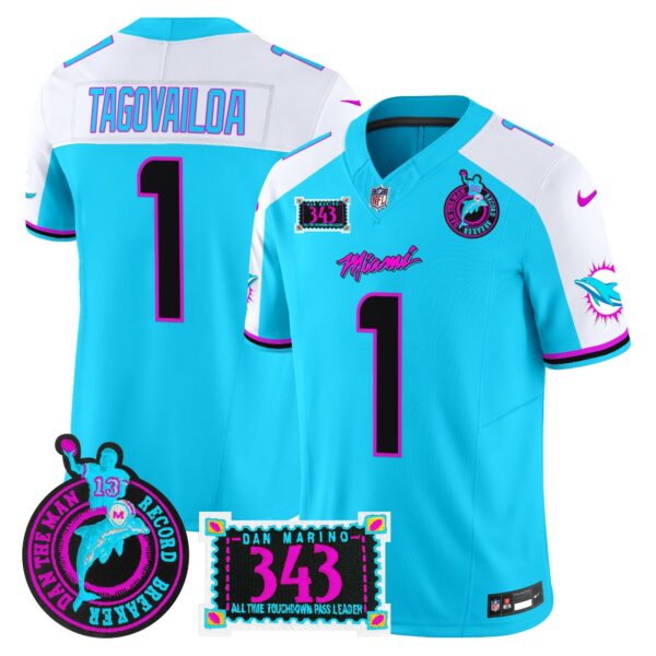 Dolphins Dan the Man Record Breaker Patch Vapor Limited Jersey – All Stitched – Aqua Alternate – Tua Tagovailoa Jersey