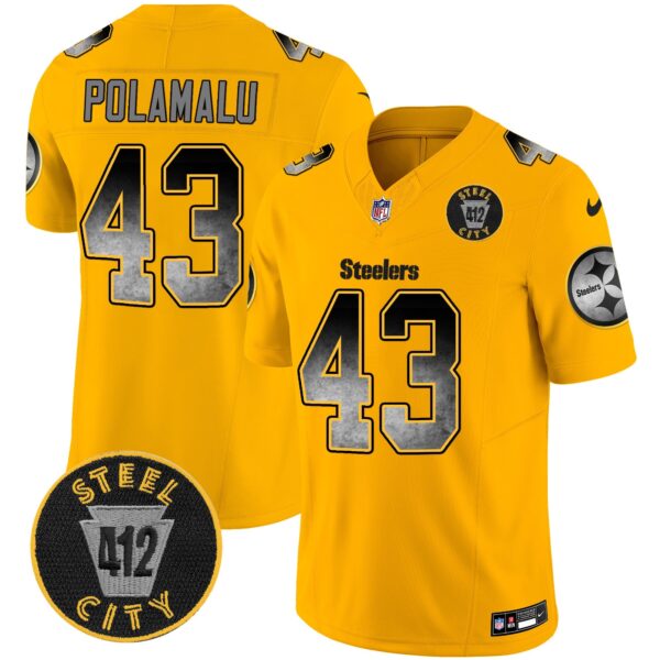 Steelers Arch Smoke 412 Patch Vapor Limited Jersey – All Stitched – Gold – Troy Polamalu Jersey
