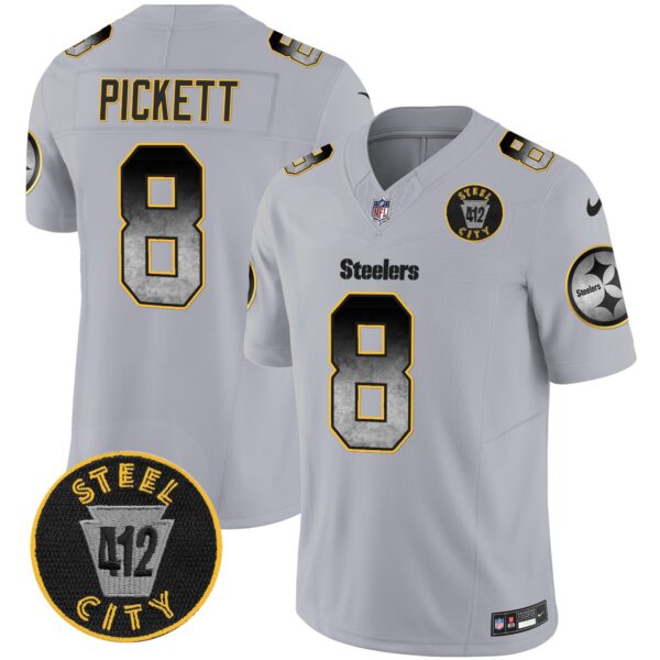 Steelers Arch Smoke 412 Patch Vapor Limited Jersey – All Stitched – Gray – Kenny Pickett Jersey