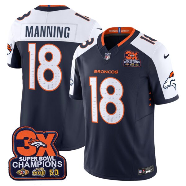 Denver Broncos 3-Time Champions Patch Vapor Limited Jersey – All Stitched – Navy Alternate – Peyton Manning Jersey