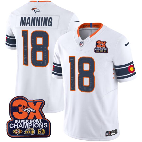 Denver Broncos 3x Patch Colorado Flag Vapor Limited Jersey – All Stitched – White – Peyton Manning Jersey