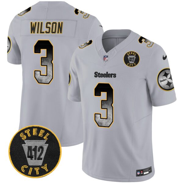 Steelers Arch Smoke 412 Patch Vapor Limited Jersey – All Stitched – Gray – Russell Wilson Jersey