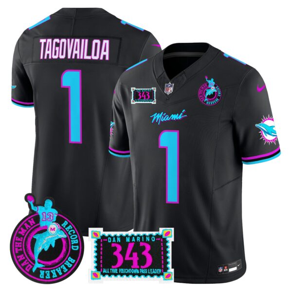 Dolphins Dan the Man Record Breaker Patch Vapor Limited Jersey – All Stitched – Black – Tua Tagovailoa Jersey