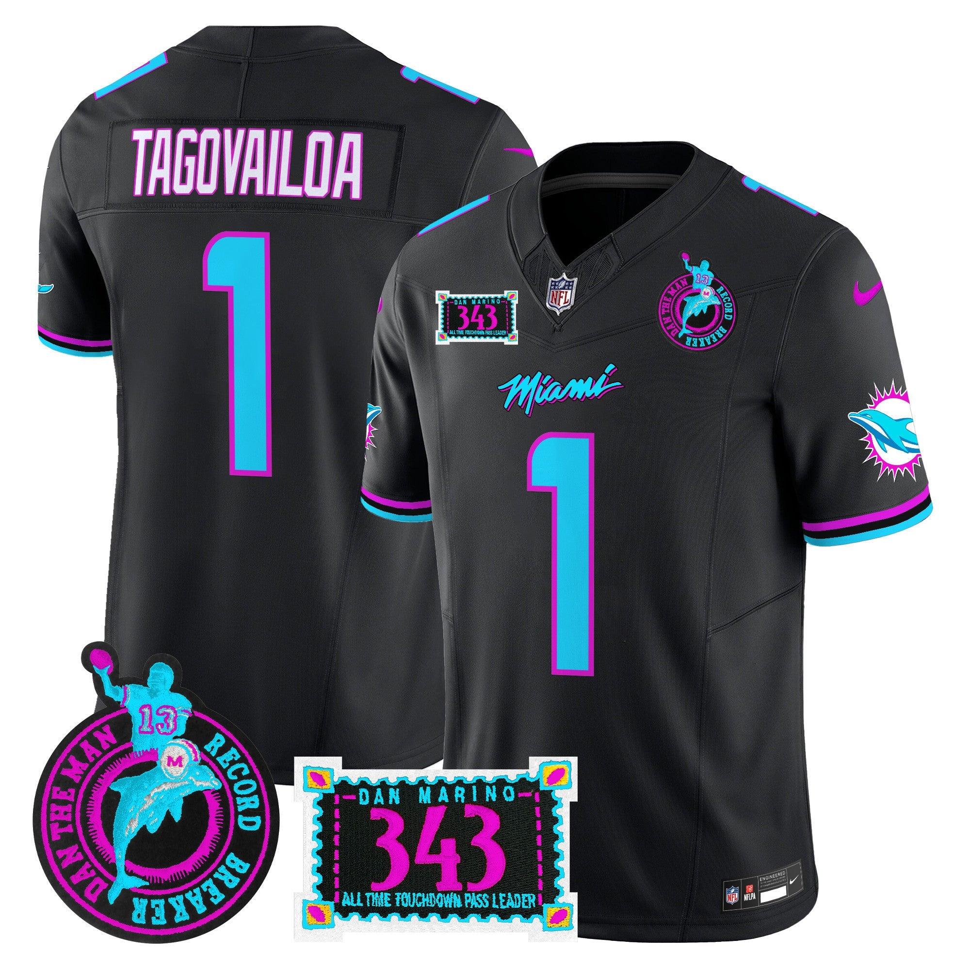 Dolphins Dan the Man Record Breaker Patch Vapor Limited Jersey – All Stitched – Black – Tua Tagovailoa Jersey