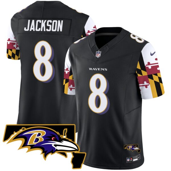 Ravens Maryland Flag Vapor Limited Jersey V2 – All Stitched – Black – Lamar Jackson Jersey