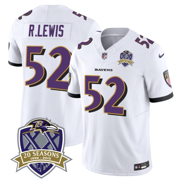 Ravens 20th Season Patch Vapor Limited Jersey – All Stitched – White – Ray Lewis Jersey