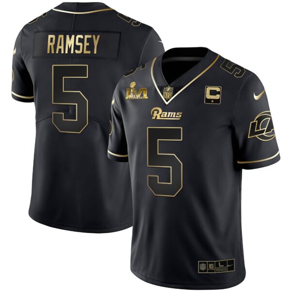 Los Angeles Rams Super Bowl LVI White Gold & Black Gold Jersey – All Stitched – Black Gold – Jalen Ramsey Jersey