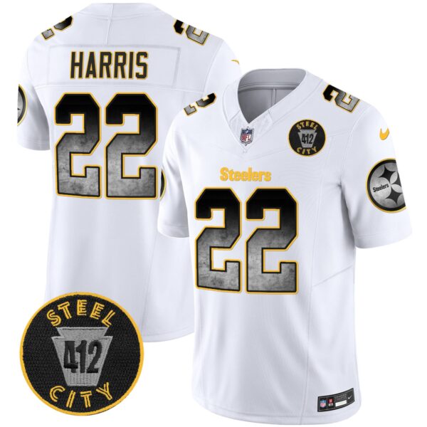 Steelers Arch Smoke 412 Patch Vapor Limited Jersey – All Stitched – White – Najee Harris Jersey