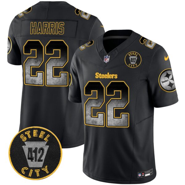 Steelers Arch Smoke 412 Patch Vapor Limited Jersey – All Stitched – Black – Najee Harris Jersey