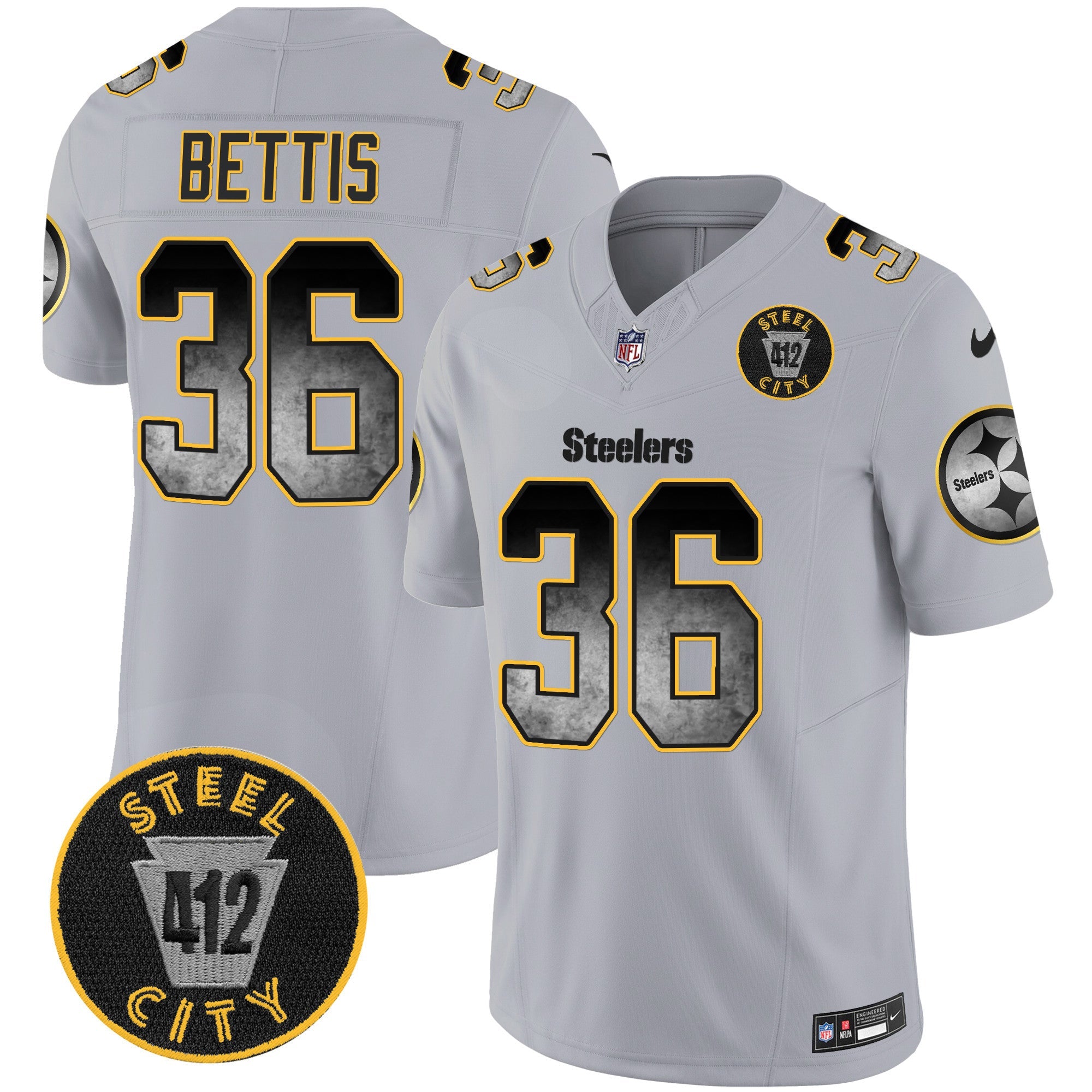 Steelers Arch Smoke 412 Patch Vapor Limited Jersey – All Stitched – Gray – Jerome Bettis Jersey