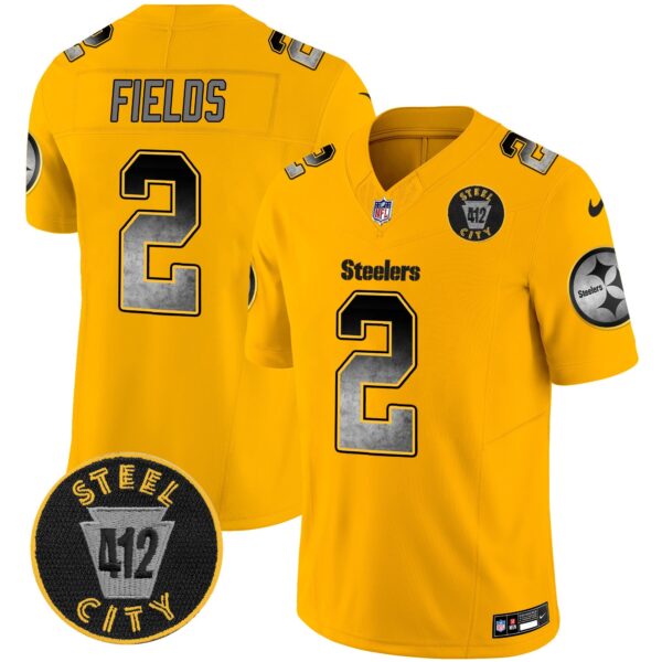 Steelers Arch Smoke 412 Patch Vapor Limited Jersey – All Stitched – Gold – Justin Fields Jersey