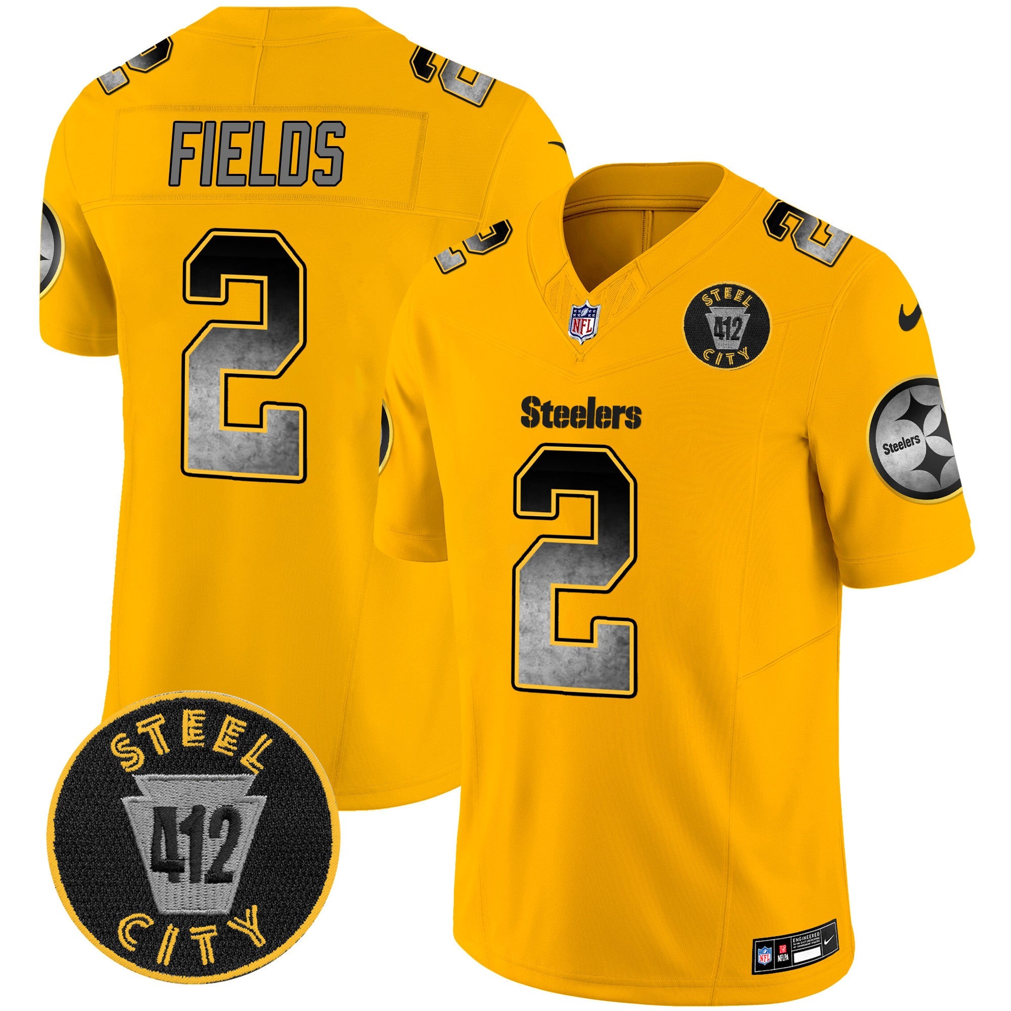 Steelers Arch Smoke 412 Patch Vapor Limited Jersey – All Stitched – Gold – Justin Fields Jersey