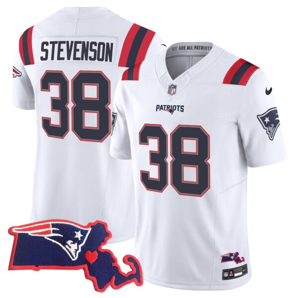 Patriots Massachusetts Patch Vapor Jersey – All Stitched – White – Rhamondre Stevenson Jersey