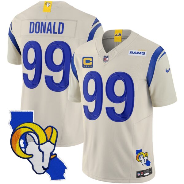 Rams California Patch Vapor Limited Jersey – All Stitched – Bone – Aaron Donald Jersey