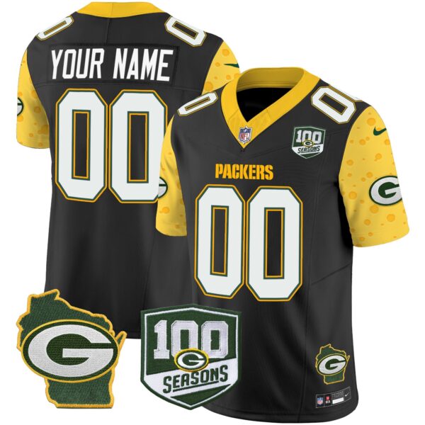 Packers 100th Season & Home Patch Cheese Vapor Limited Custom Jersey All Stitched – Black Jersey