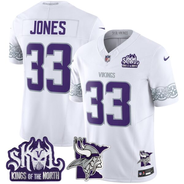Minnesota Vikings 2024 Winter Warrior Skol Patch Vapor Limited Jersey V2 – All Stitched – White – Aaron Jones Jersey