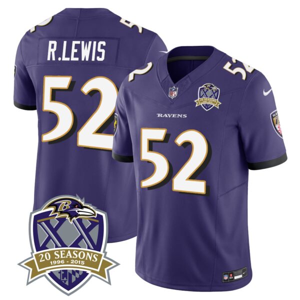 Ravens 20th Season Patch Vapor Limited Jersey – All Stitched – Purple – Ray Lewis Jersey