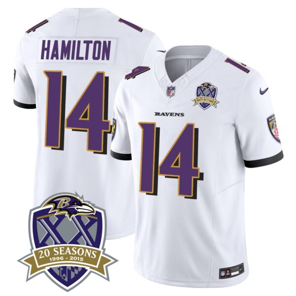 Ravens 20th Season Patch Vapor Limited Jersey – All Stitched – White – Kyle Hamilton Jersey