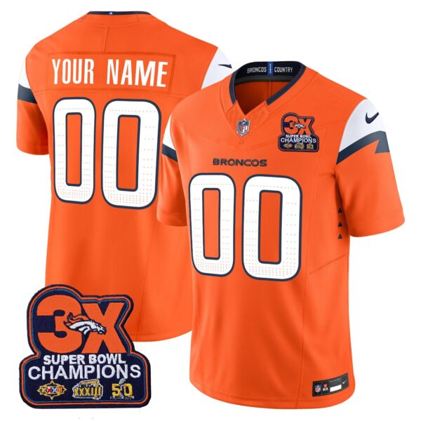 Denver Broncos 3-Time Champions Patch Vapor Limited Custom Jersey – All Stitched – Orange Jersey