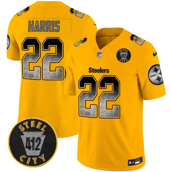 Steelers Arch Smoke 412 Patch Vapor Limited Jersey – All Stitched – Gold – Najee Harris Jersey